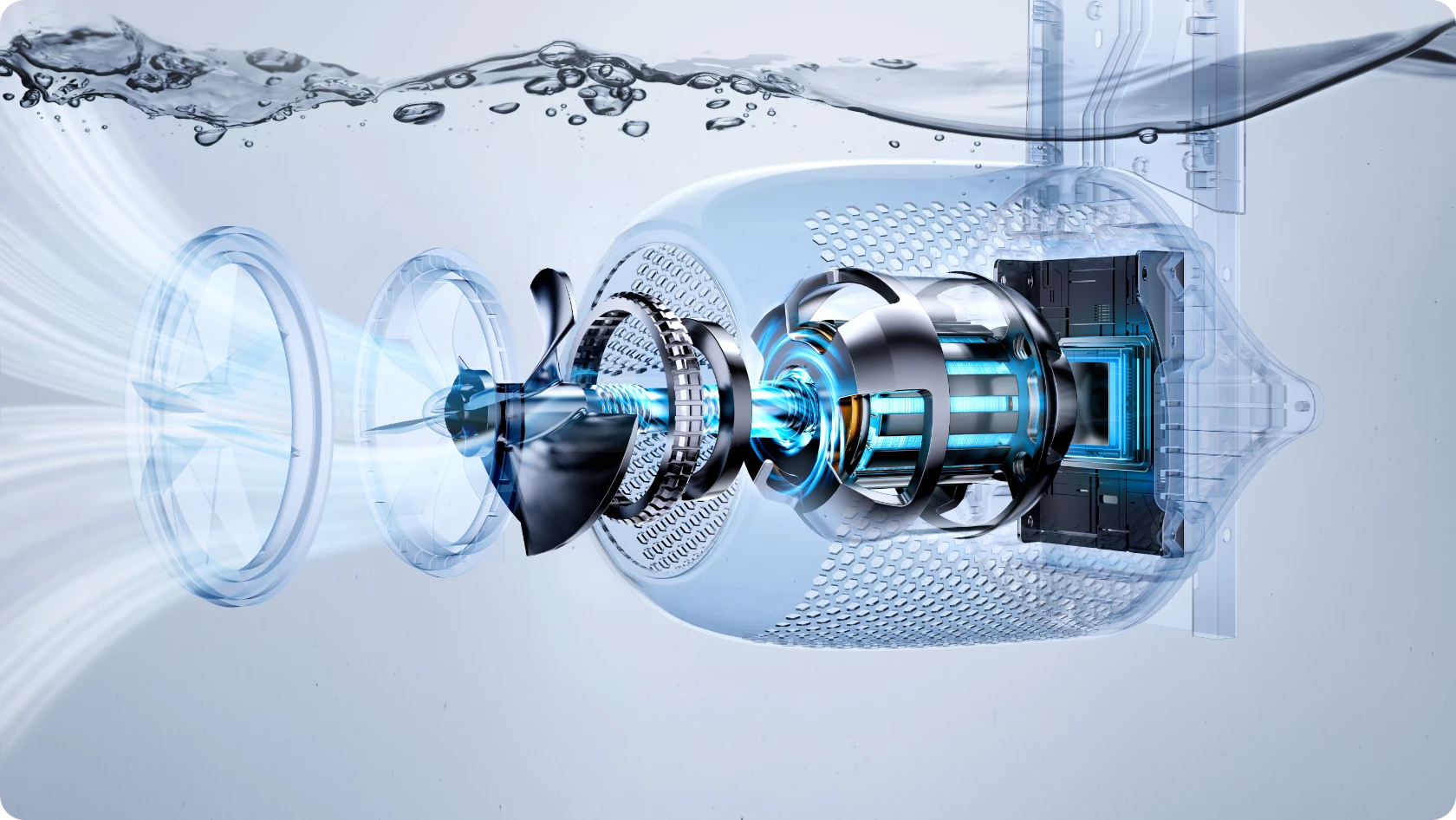 Technický řez turbínou a motorem protiproudu JetSwim